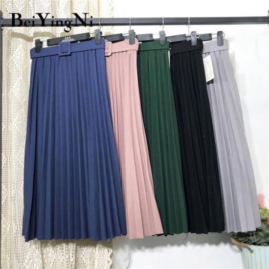 High Waist Casual Vintage Solid Belted Pleated Midi Skirt High Waist Casual Vintage Solid Belted Pleated Midi Skirt