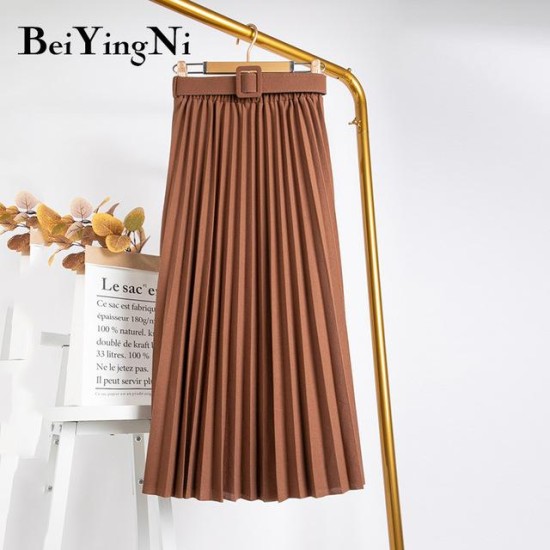 High Waist Casual Vintage Solid Belted Pleated Midi Skirt High Waist Casual Vintage Solid Belted Pleated Midi Skirt