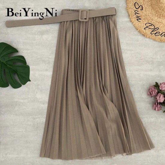 High Waist Casual Vintage Solid Belted Pleated Midi Skirt High Waist Casual Vintage Solid Belted Pleated Midi Skirt