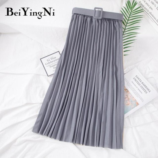 High Waist Casual Vintage Solid Belted Pleated Midi Skirt High Waist Casual Vintage Solid Belted Pleated Midi Skirt