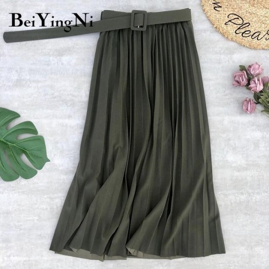 High Waist Casual Vintage Solid Belted Pleated Midi Skirt High Waist Casual Vintage Solid Belted Pleated Midi Skirt