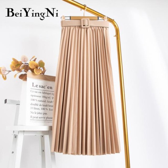 High Waist Casual Vintage Solid Belted Pleated Midi Skirt High Waist Casual Vintage Solid Belted Pleated Midi Skirt