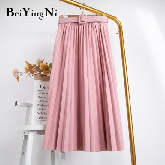 High Waist Casual Vintage Solid Belted Pleated Midi Skirt High Waist Casual Vintage Solid Belted Pleated Midi Skirt