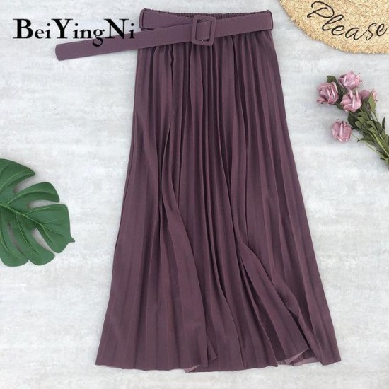 High Waist Casual Vintage Solid Belted Pleated Midi Skirt High Waist Casual Vintage Solid Belted Pleated Midi Skirt