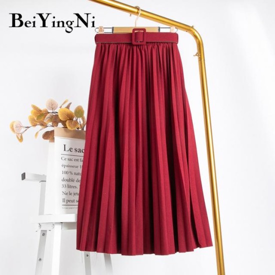 High Waist Casual Vintage Solid Belted Pleated Midi Skirt High Waist Casual Vintage Solid Belted Pleated Midi Skirt
