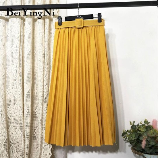 High Waist Casual Vintage Solid Belted Pleated Midi Skirt High Waist Casual Vintage Solid Belted Pleated Midi Skirt