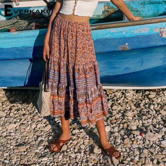 Vintage Boho Floral Print Elastic Sashes Gypsy Skirt Vintage Boho Floral Print Elastic Sashes Gypsy Skirt