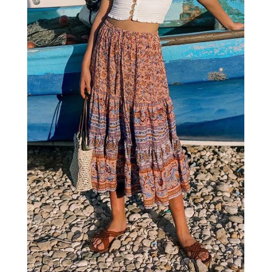 Vintage Boho Floral Print Elastic Sashes Gypsy Skirt Vintage Boho Floral Print Elastic Sashes Gypsy Skirt