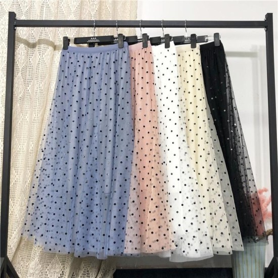 Tulle Polka Dot High Waist Pleated Midi Long Tutu Skirt Tulle Polka Dot High Waist Pleated Midi Long Tutu Skirt