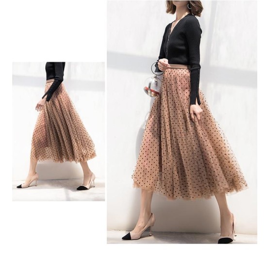 Tulle Polka Dot High Waist Pleated Midi Long Tutu Skirt Tulle Polka Dot High Waist Pleated Midi Long Tutu Skirt