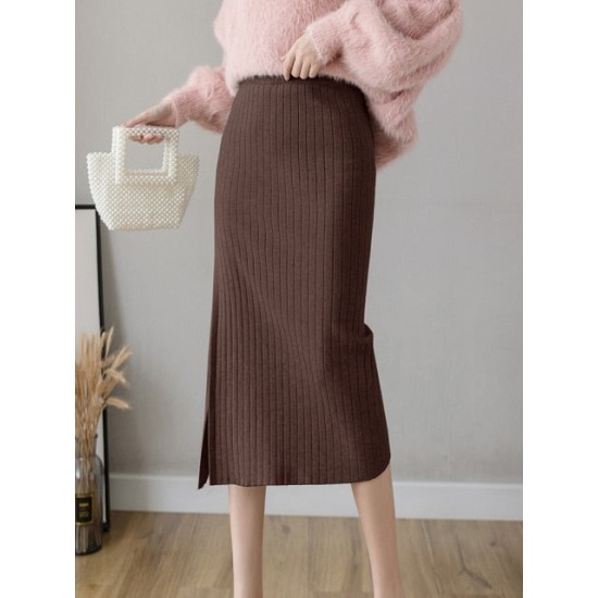 Warm Knit Midi Long Pencil Skirt Women Style Mid-Length