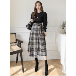Warm Midi Long Skirt Style Irregular Plaid Mid-Length