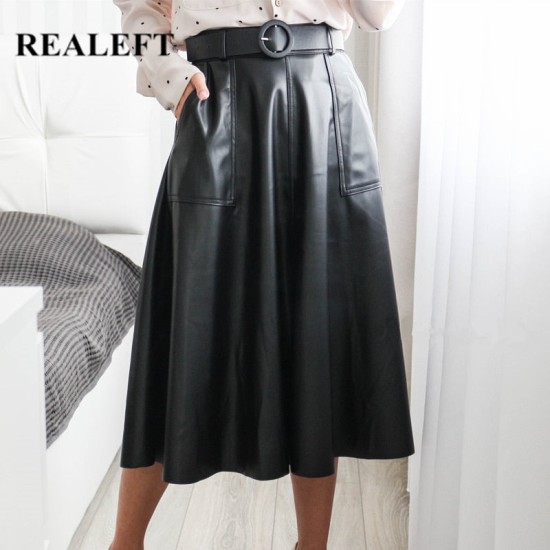 Faux PU Leather Mi-long Skirt with Belted High Waist Vintage Mid-calf Chic Faux PU Leather Mi-long Skirt with Belted High Waist Vintage Mid-calf Chic