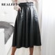 Faux PU Leather Mi-long Skirt with Belted High Waist Vintage Mid-calf Chic Faux PU Leather Mi-long Skirt with Belted High Waist Vintage Mid-calf Chic