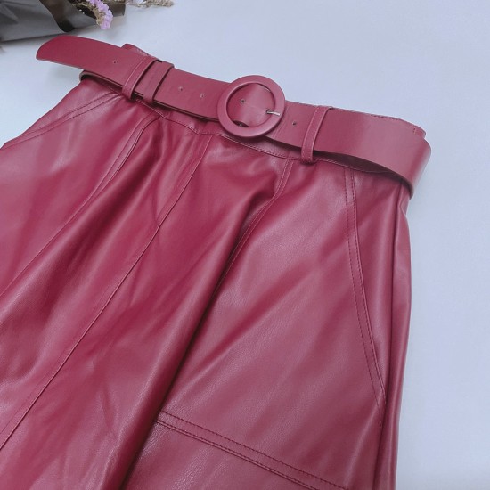 Faux PU Leather Mi-long Skirt with Belted High Waist Vintage Mid-calf Chic Faux PU Leather Mi-long Skirt with Belted High Waist Vintage Mid-calf Chic