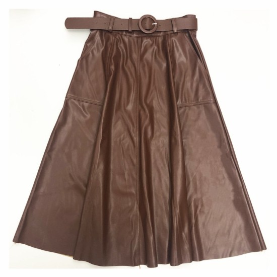 Faux PU Leather Mi-long Skirt with Belted High Waist Vintage Mid-calf Chic Faux PU Leather Mi-long Skirt with Belted High Waist Vintage Mid-calf Chic