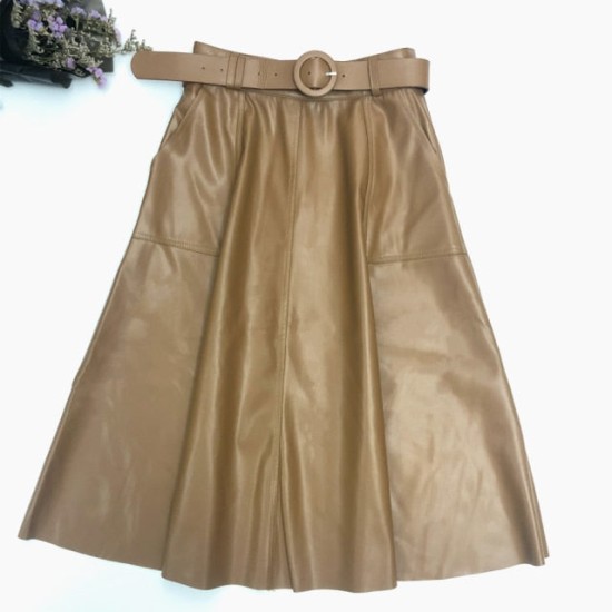 Faux PU Leather Mi-long Skirt with Belted High Waist Vintage Mid-calf Chic Faux PU Leather Mi-long Skirt with Belted High Waist Vintage Mid-calf Chic