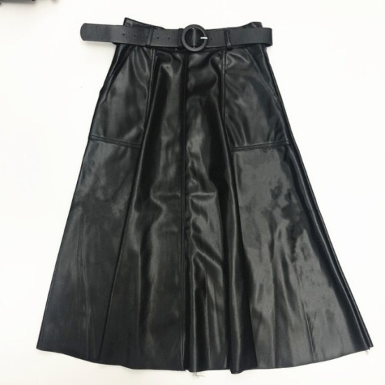 Faux PU Leather Mi-long Skirt with Belted High Waist Vintage Mid-calf Chic Faux PU Leather Mi-long Skirt with Belted High Waist Vintage Mid-calf Chic