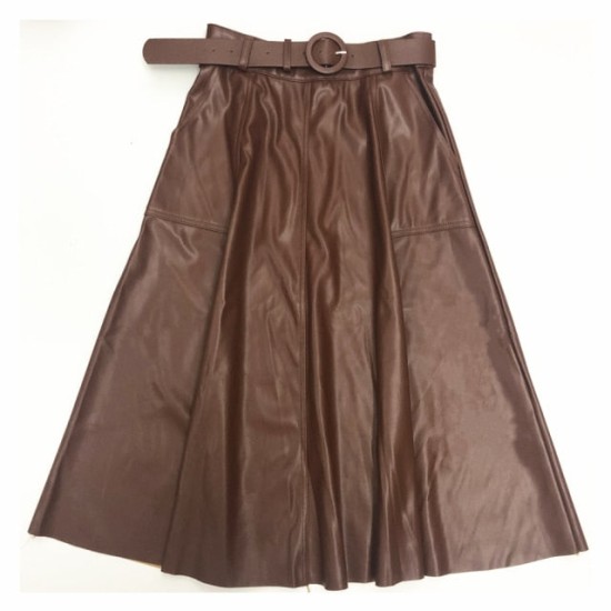 Faux PU Leather Mi-long Skirt with Belted High Waist Vintage Mid-calf Chic Faux PU Leather Mi-long Skirt with Belted High Waist Vintage Mid-calf Chic