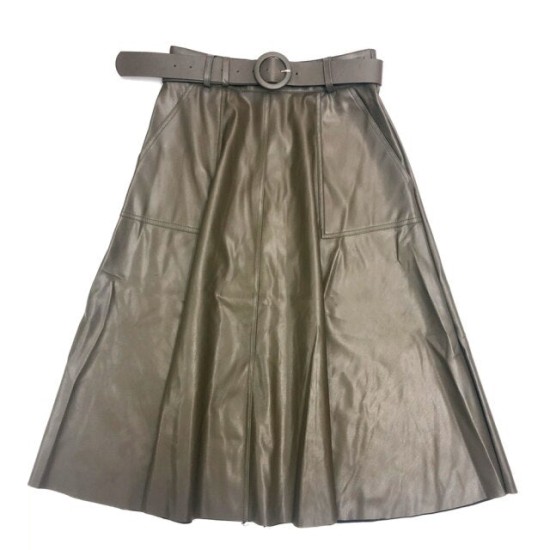 Faux PU Leather Mi-long Skirt with Belted High Waist Vintage Mid-calf Chic Faux PU Leather Mi-long Skirt with Belted High Waist Vintage Mid-calf Chic