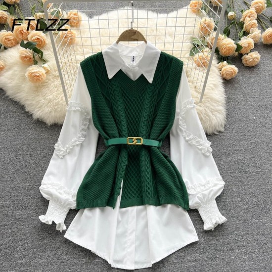 Sweater Dress Suits White Blouse and Sleeveless Knitted Tops Sweater Dress Suits White Blouse and Sleeveless Knitted Tops