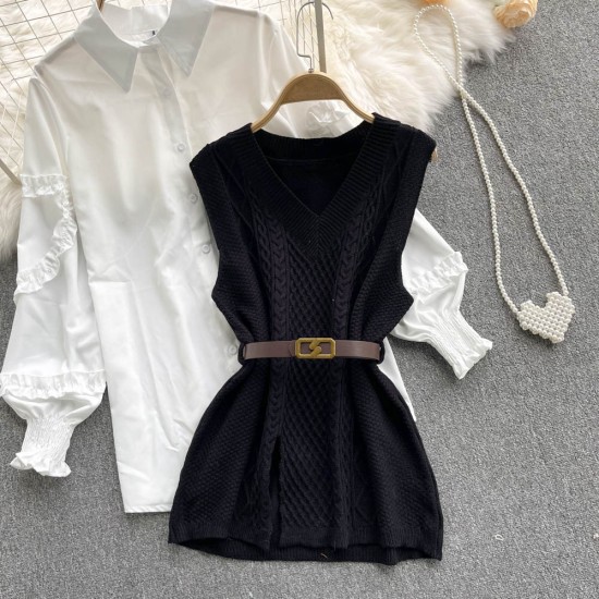 Sweater Dress Suits White Blouse and Sleeveless Knitted Tops Sweater Dress Suits White Blouse and Sleeveless Knitted Tops