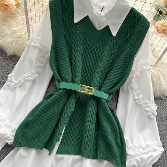 Sweater Dress Suits White Blouse and Sleeveless Knitted Tops Sweater Dress Suits White Blouse and Sleeveless Knitted Tops