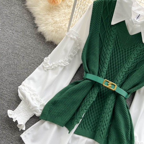Sweater Dress Suits White Blouse and Sleeveless Knitted Tops Sweater Dress Suits White Blouse and Sleeveless Knitted Tops