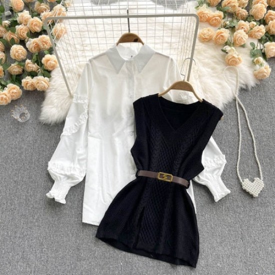 Sweater Dress Suits White Blouse and Sleeveless Knitted Tops Sweater Dress Suits White Blouse and Sleeveless Knitted Tops