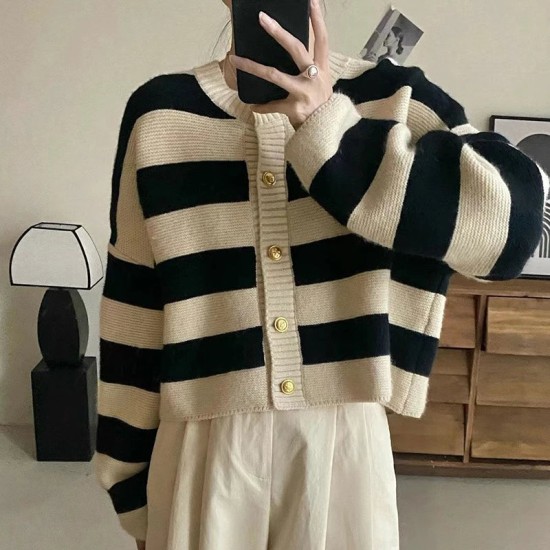 Striped Knitted Button Up Loose Cardigan Sweaters Striped Knitted Button Up Loose Cardigan Sweaters