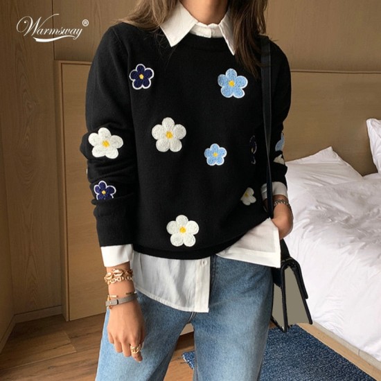 Floral Embroidery Pullover Sweater High Quality Women Elegant O Neck Knitted Tops Floral Embroidery Pullover Sweater High Quality Women Elegant O Neck Knitted Tops