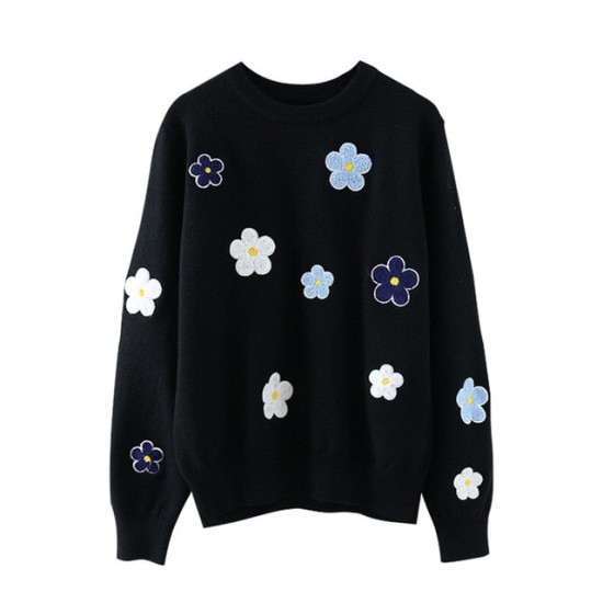Floral Embroidery Pullover Sweater High Quality Women Elegant O Neck Knitted Tops Floral Embroidery Pullover Sweater High Quality Women Elegant O Neck Knitted Tops