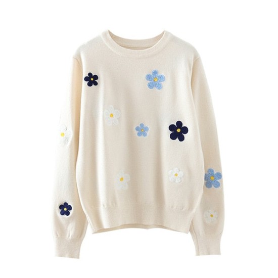 Floral Embroidery Pullover Sweater High Quality Women Elegant O Neck Knitted Tops Floral Embroidery Pullover Sweater High Quality Women Elegant O Neck Knitted Tops